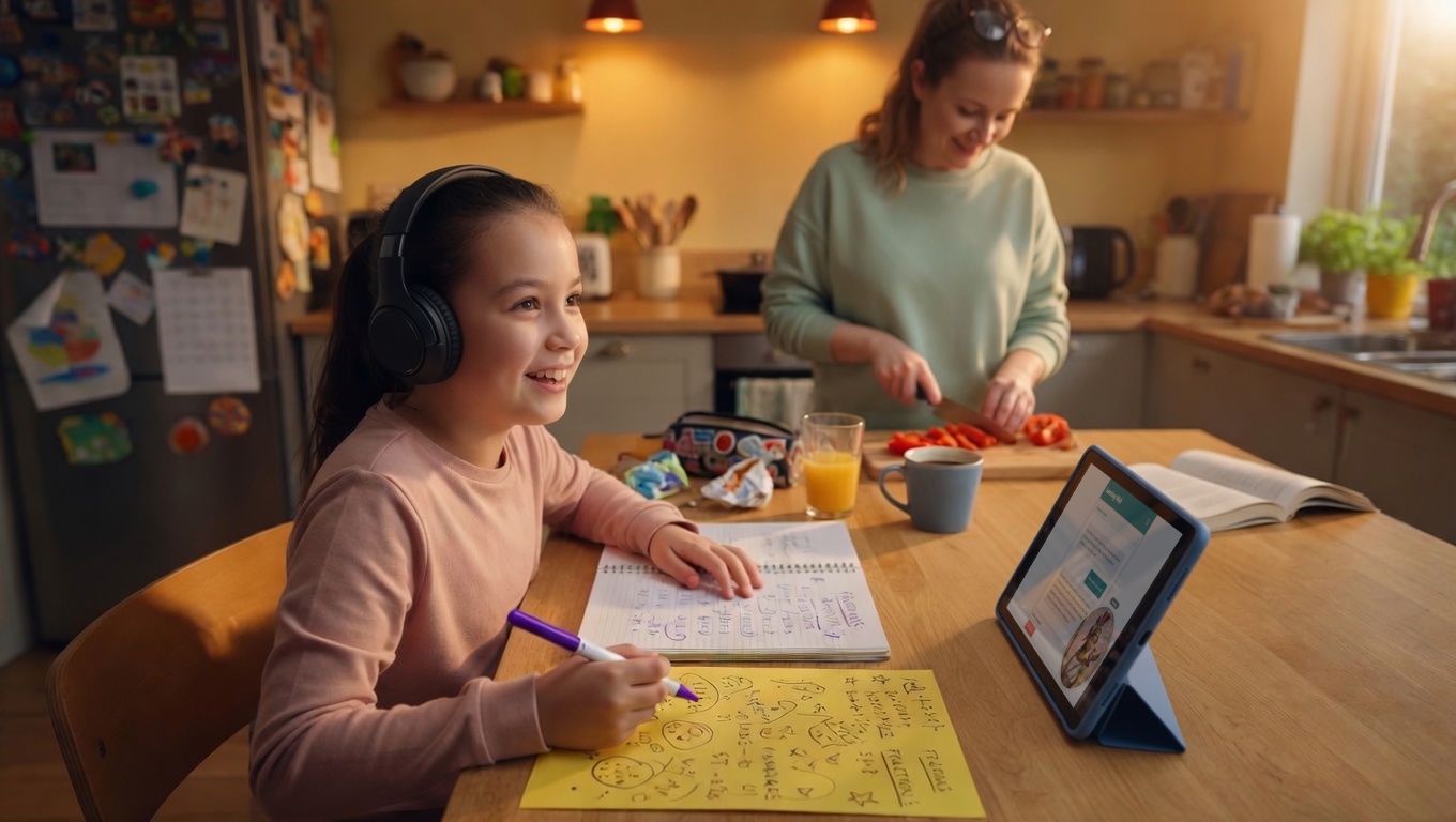 A child happily learning at the kitchen table with the help of the Learning Web AI tutor on a tablet