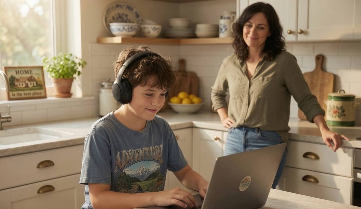 A student talks through his lesson with his tutor at the kitchen table